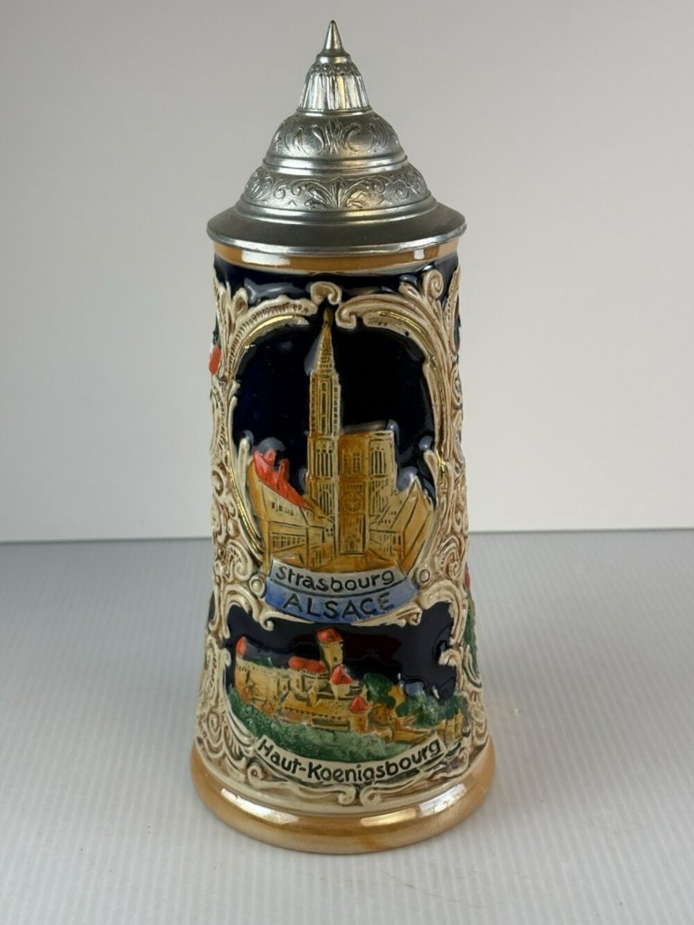 Marzi & Remy Beer Stein Strasbourg Haut-Koenigsbourg Alsace 8" Pewter Lid Vtg
